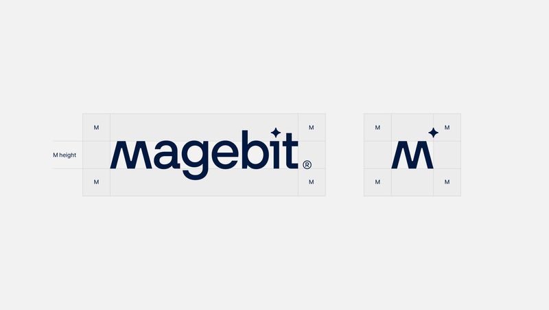 Magebit logo and letter mark with clearspace marked by the letter M